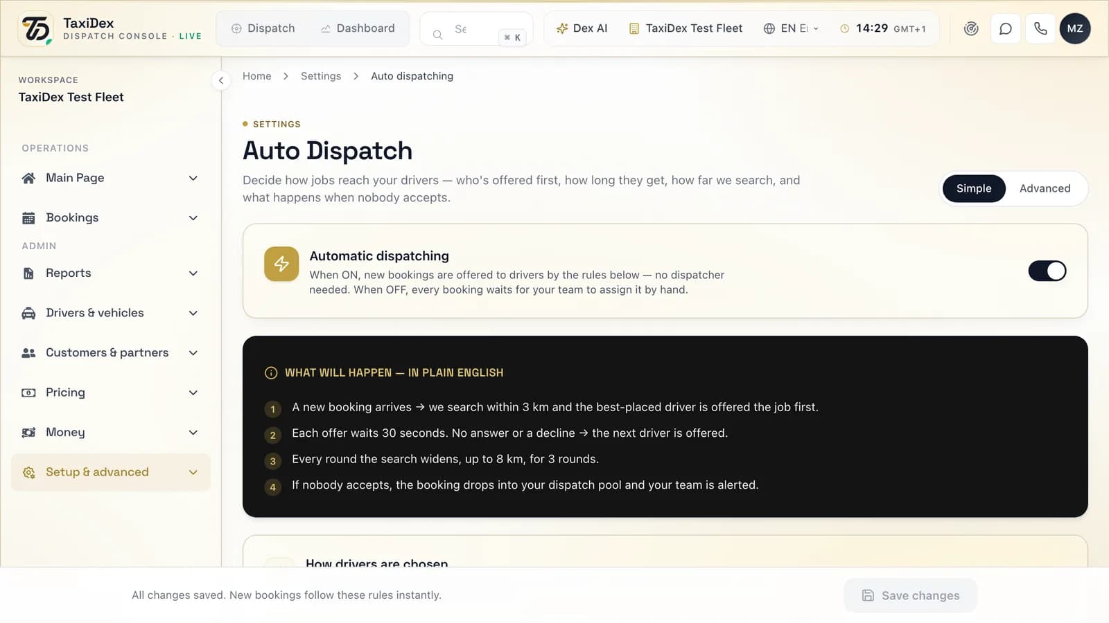 Automatic dispatch in the TaxiDex console