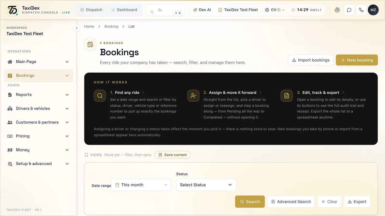 Booking records in the TaxiDex console