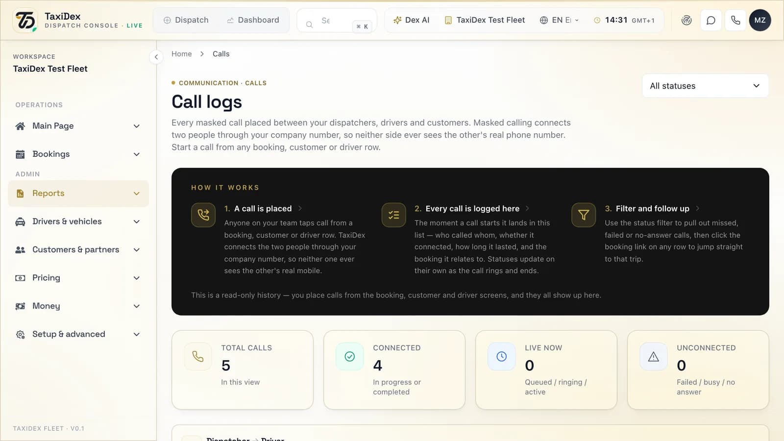 Calls in the TaxiDex console