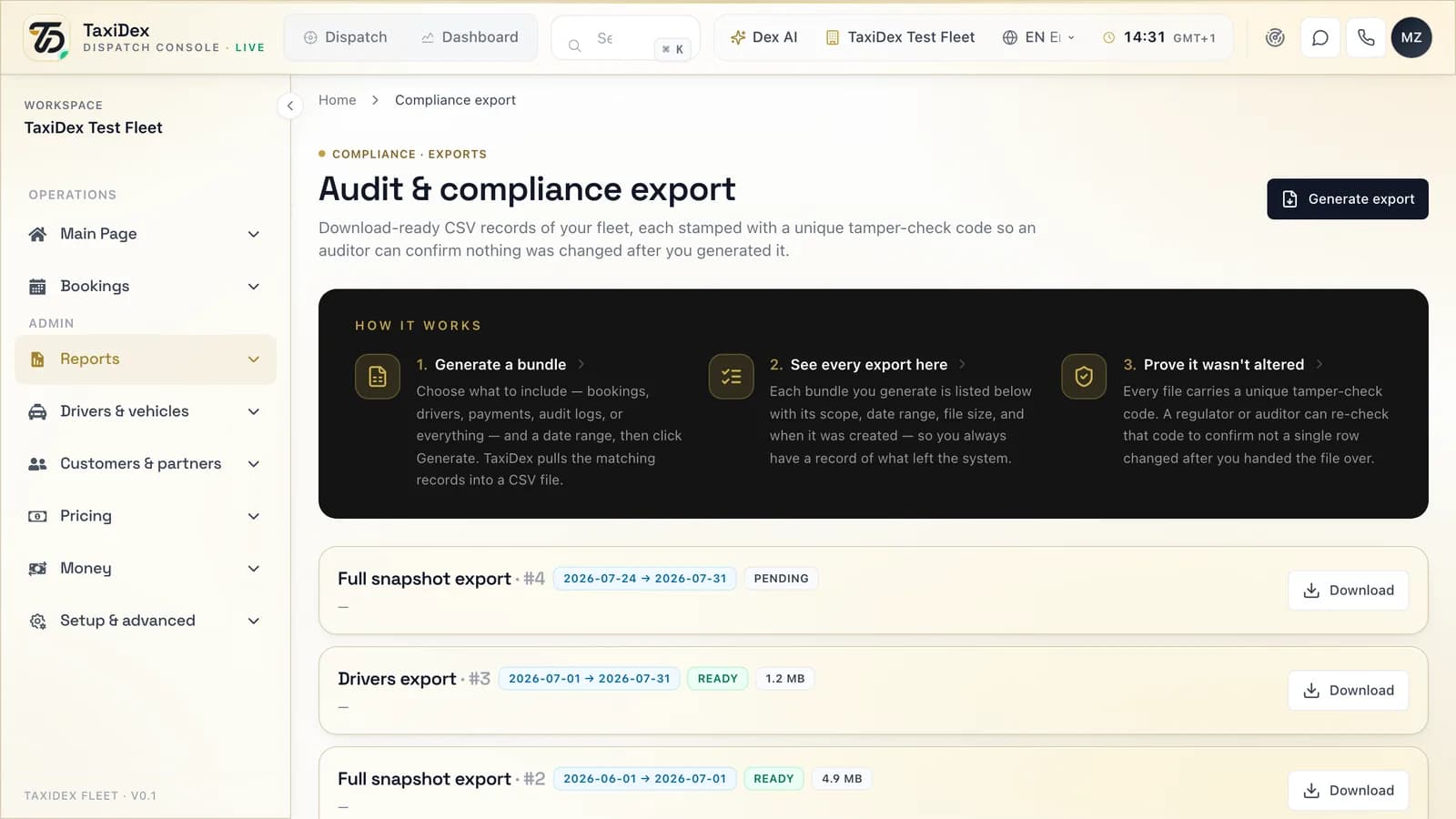 Compliance export in the TaxiDex console