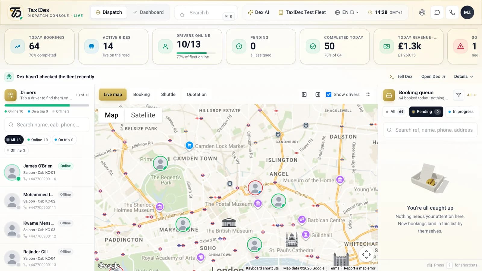 The dispatch console in the TaxiDex console