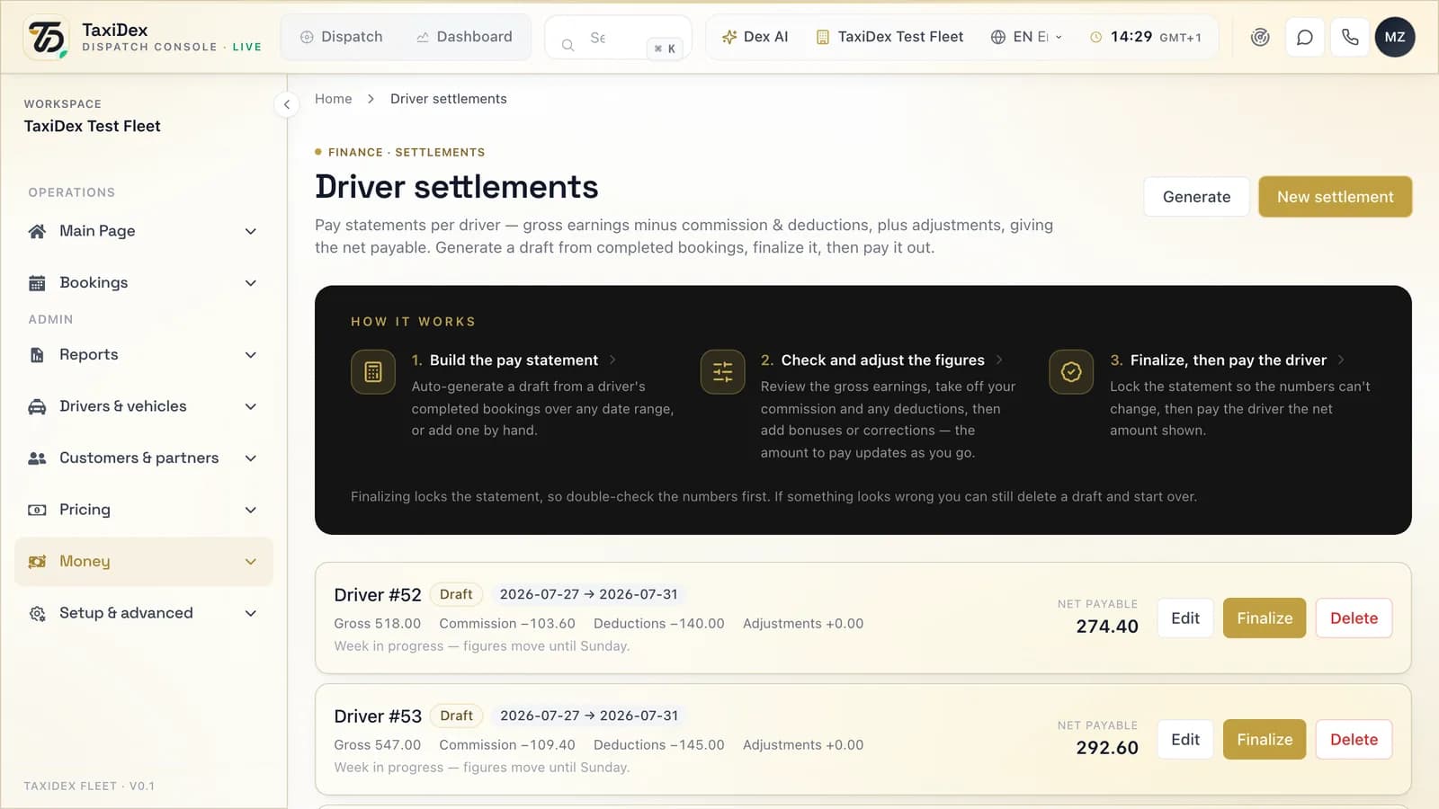 Driver settlements in the TaxiDex console