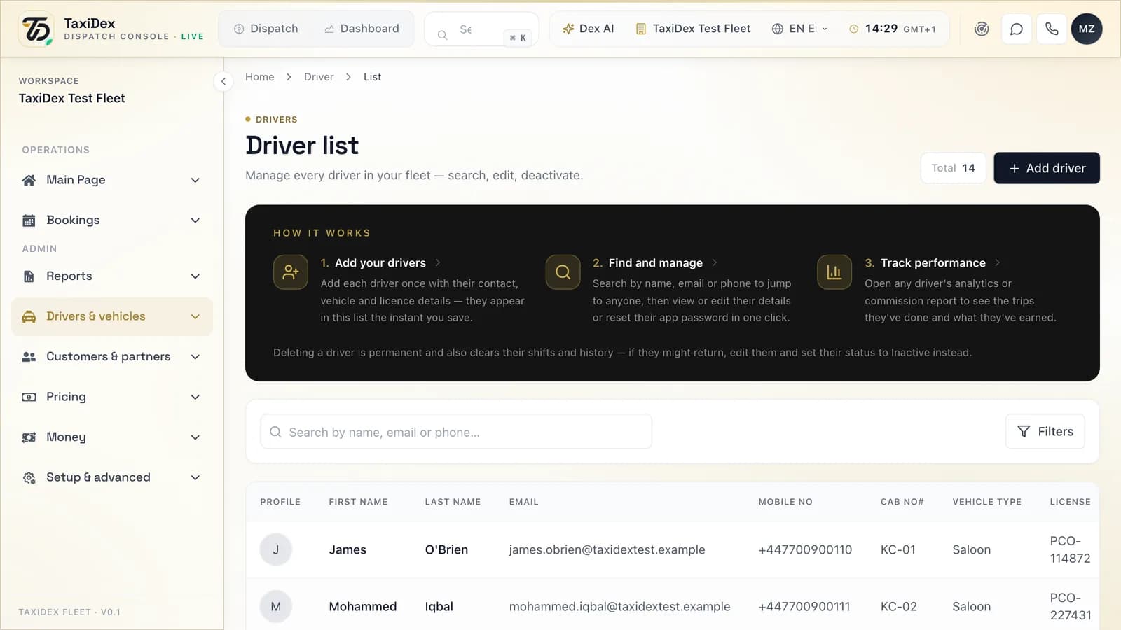 Drivers and shifts in the TaxiDex console