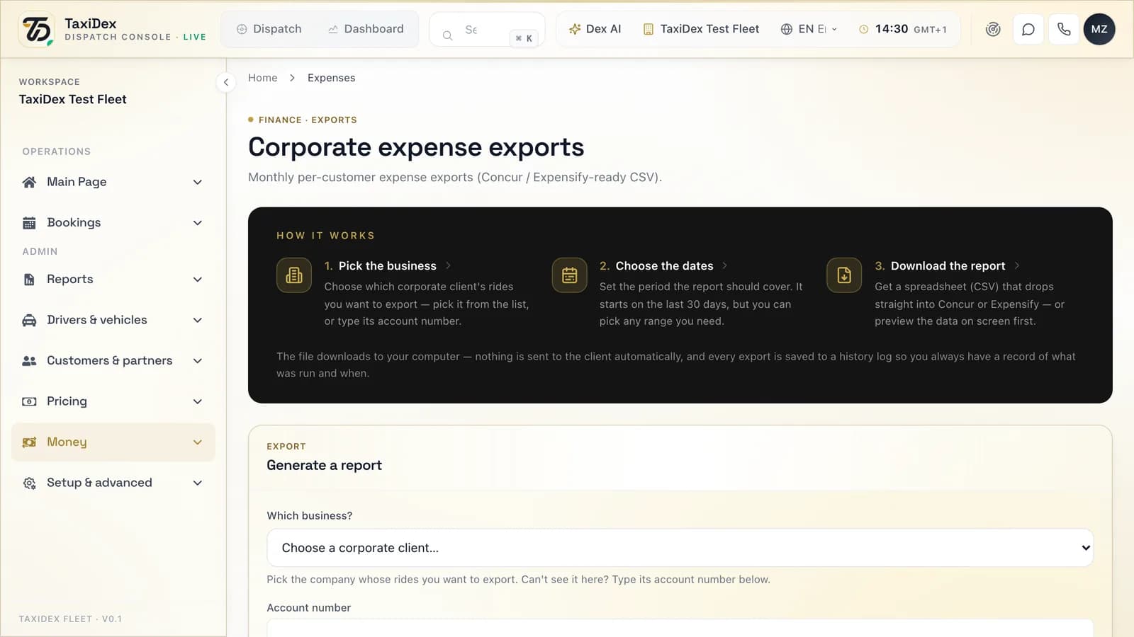Corporate expense exports in the TaxiDex console