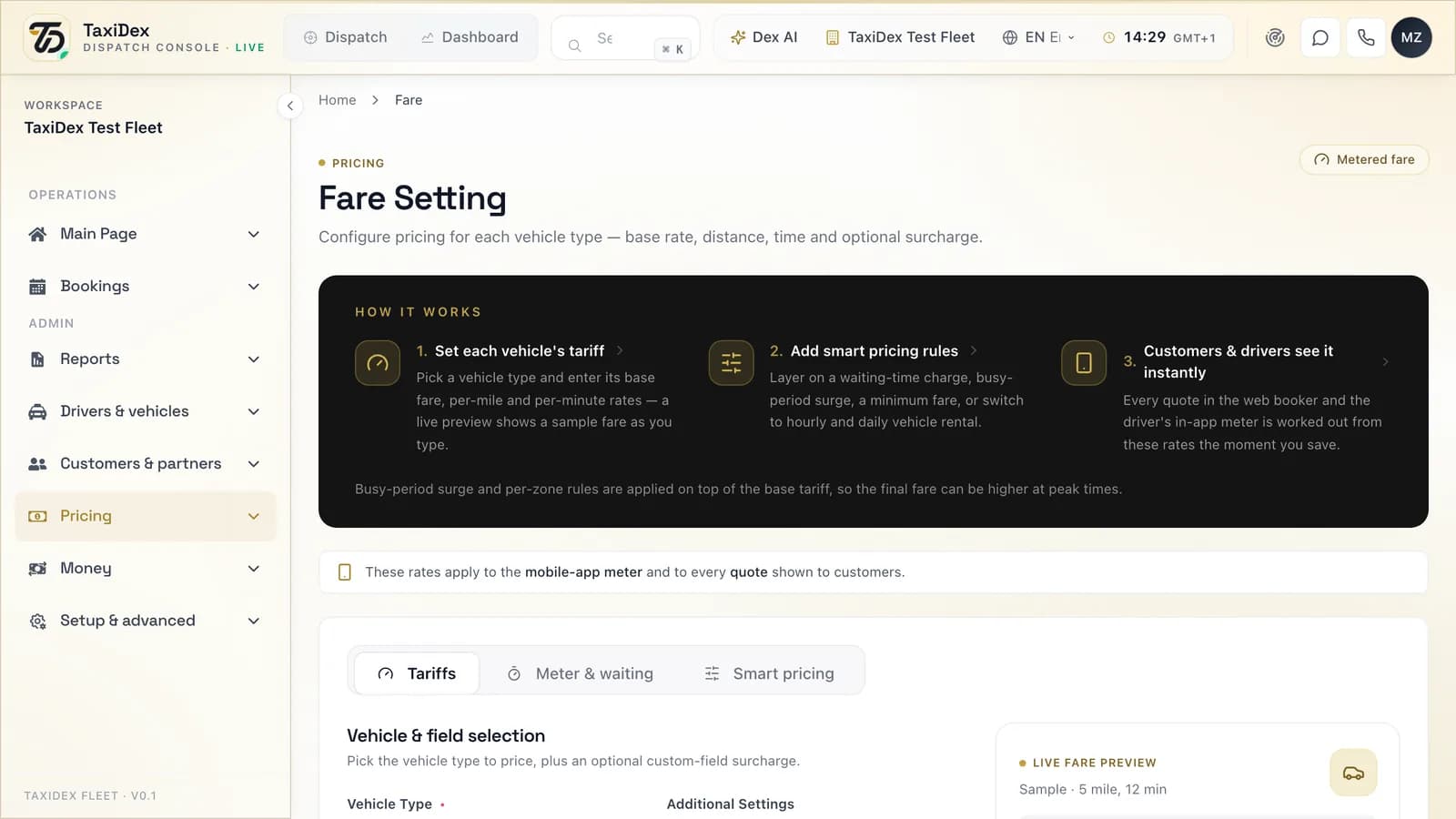 Fares and tariffs in the TaxiDex console