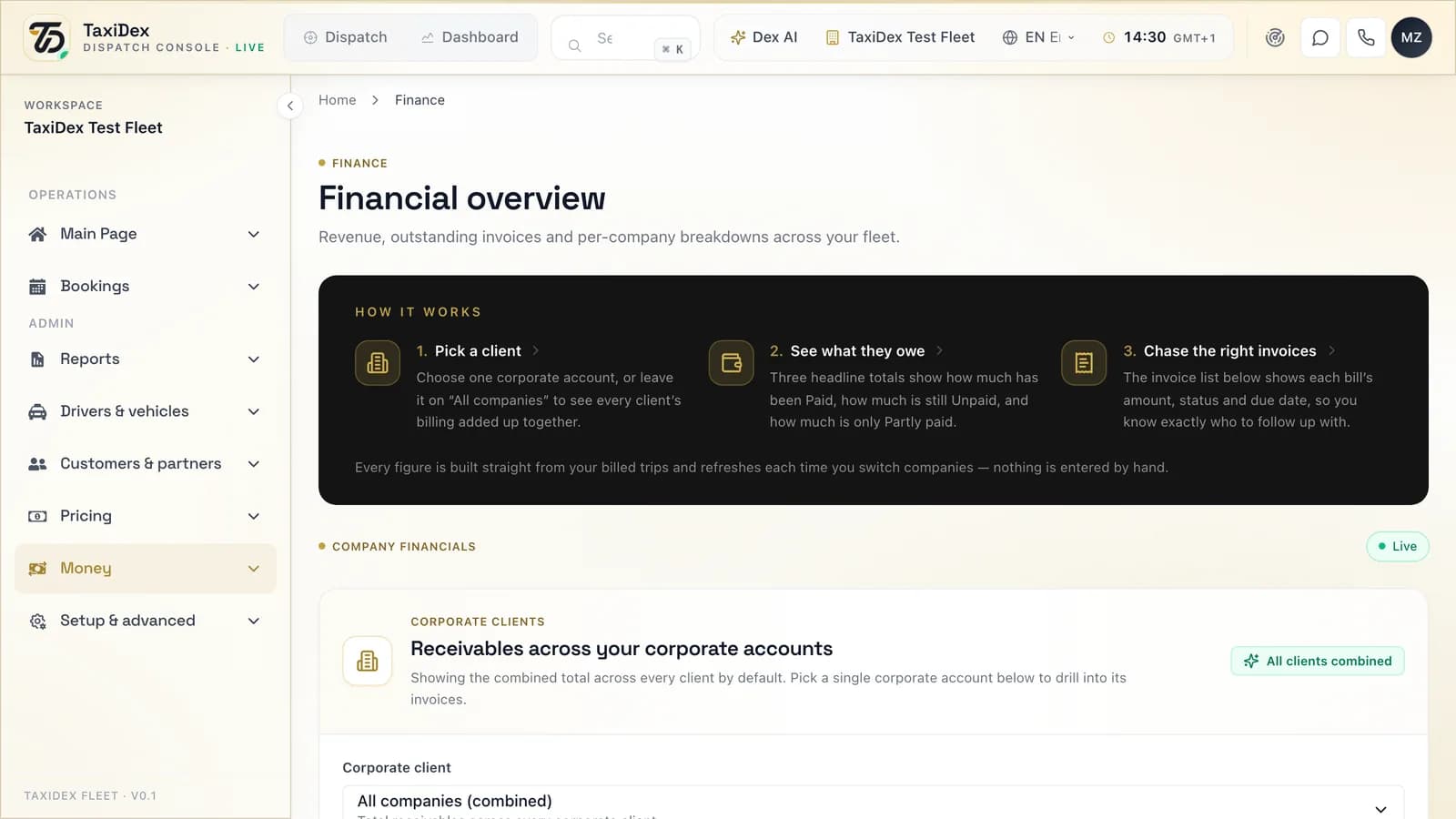 Finance in the TaxiDex console