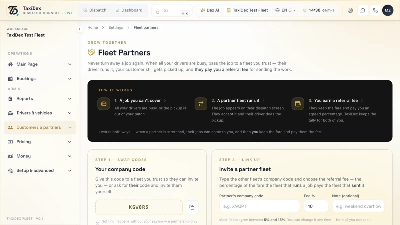 Fleet partners in the TaxiDex console