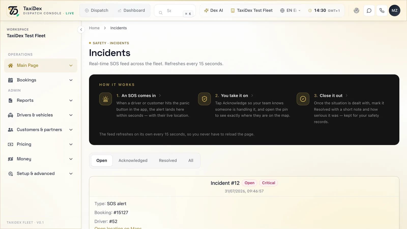 Incidents in the TaxiDex console