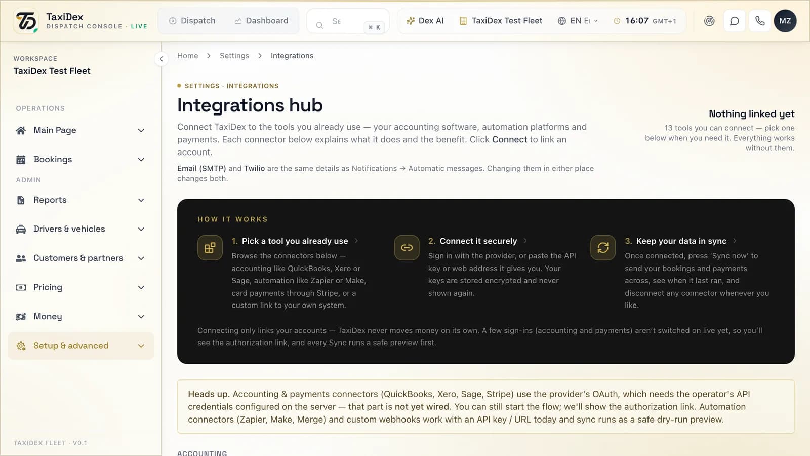 Integrations in the TaxiDex console