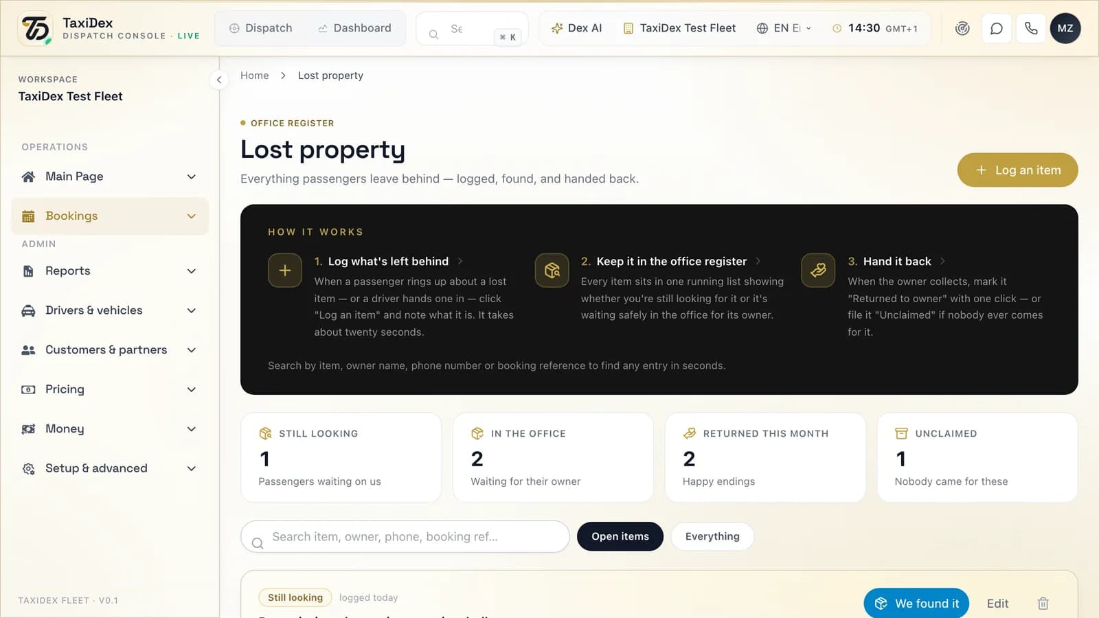Lost property in the TaxiDex console