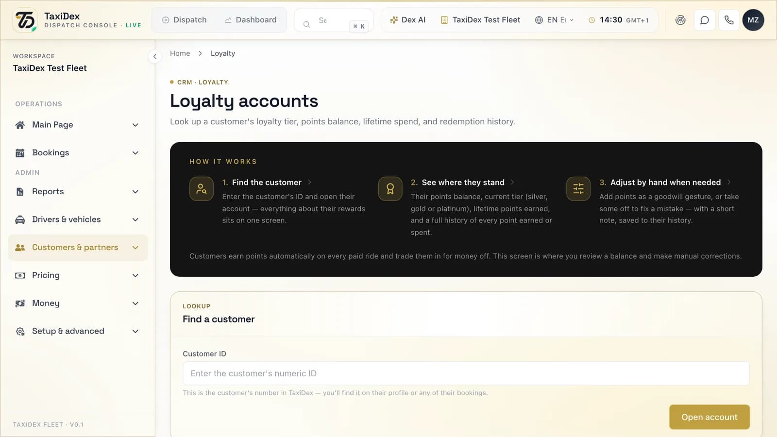 Loyalty and promotions in the TaxiDex console