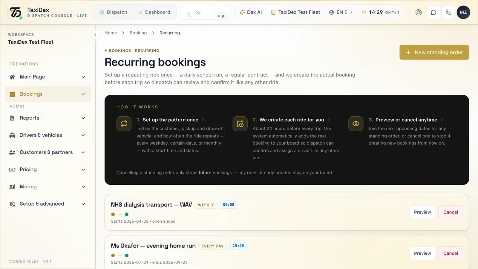 Standing orders in the TaxiDex console
