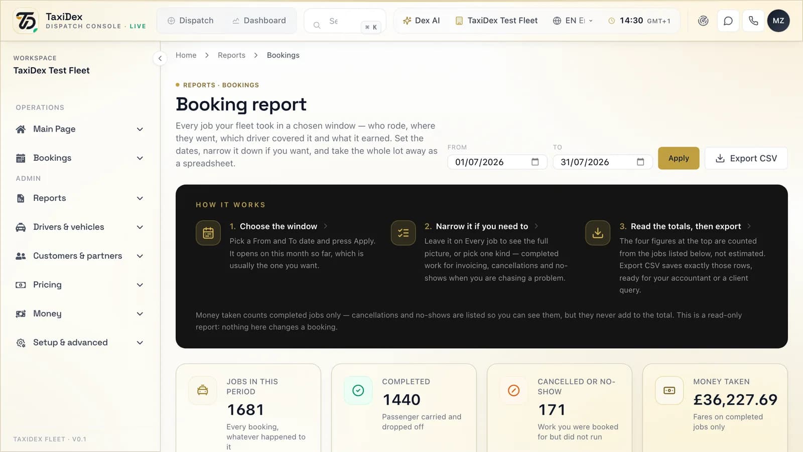 Reports in the TaxiDex console