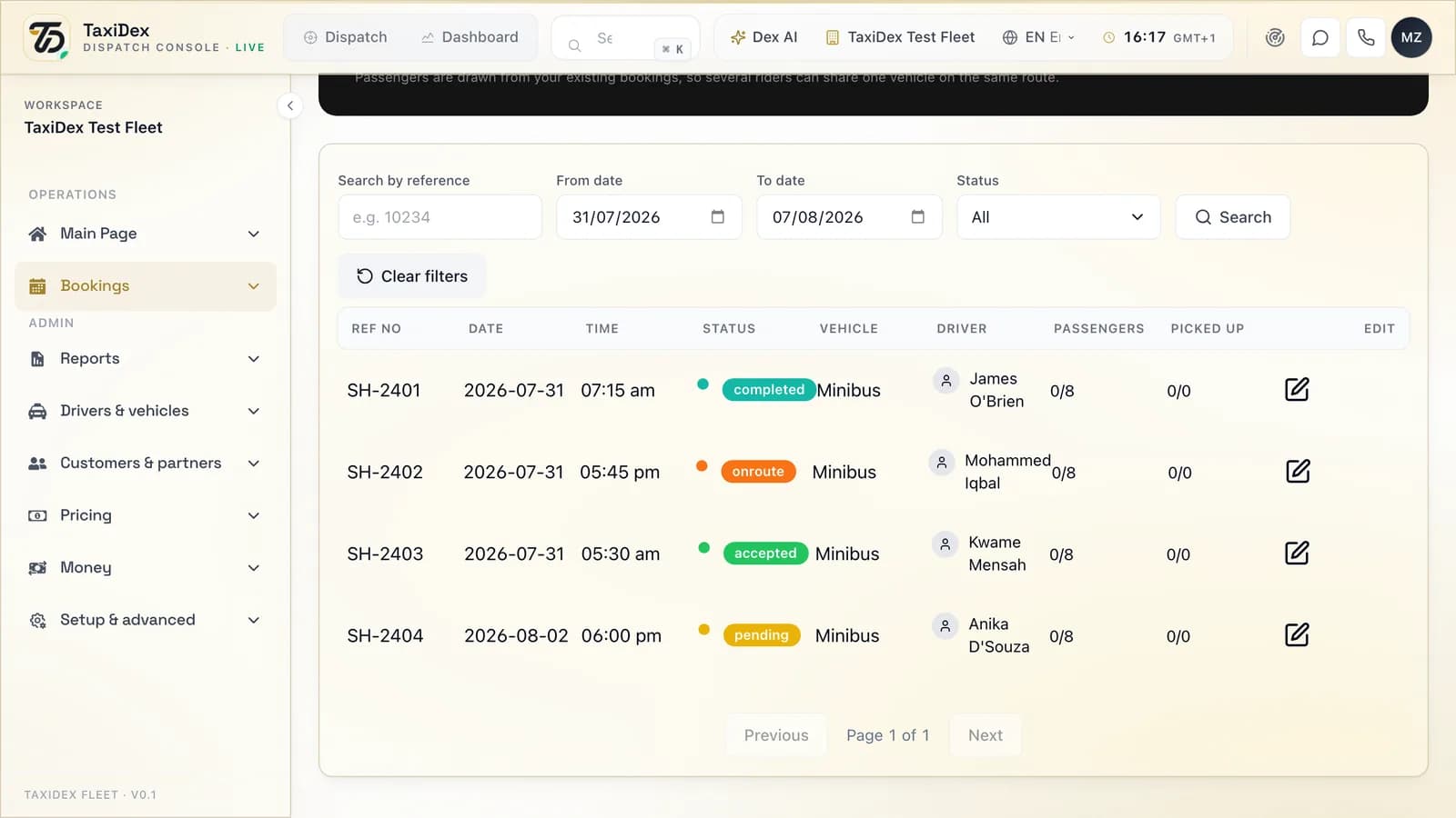 Shuttle and charter in the TaxiDex console