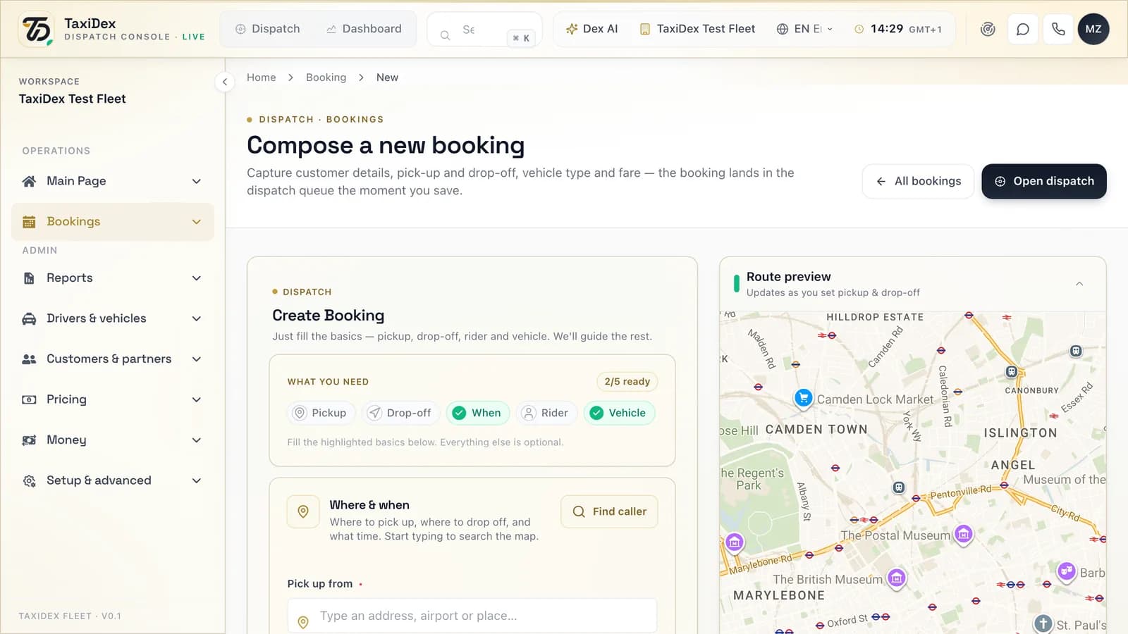 Taking a booking in the TaxiDex console