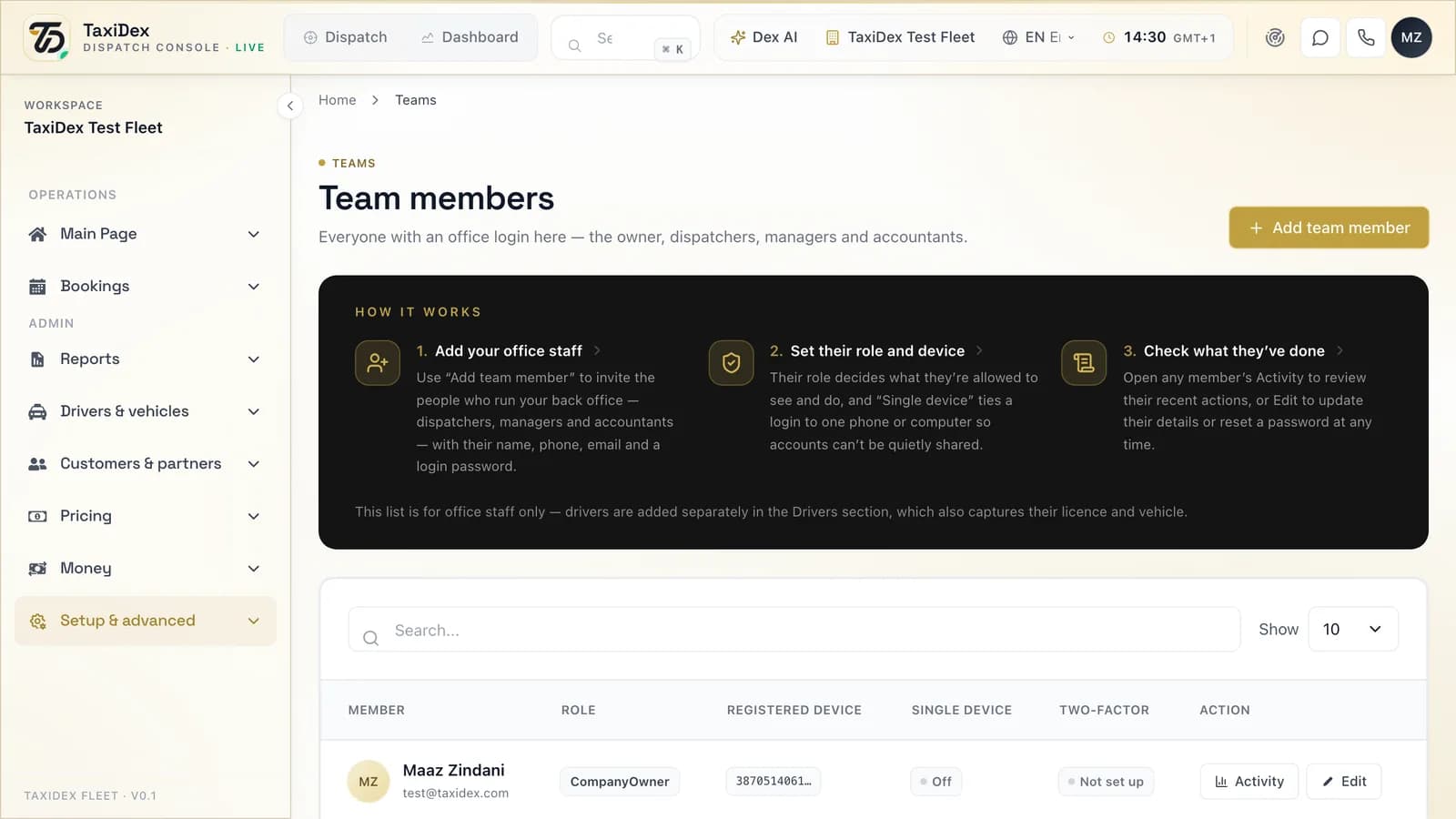 Teams and permissions in the TaxiDex console