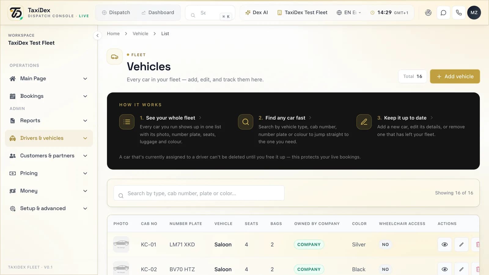 Vehicles and maintenance in the TaxiDex console