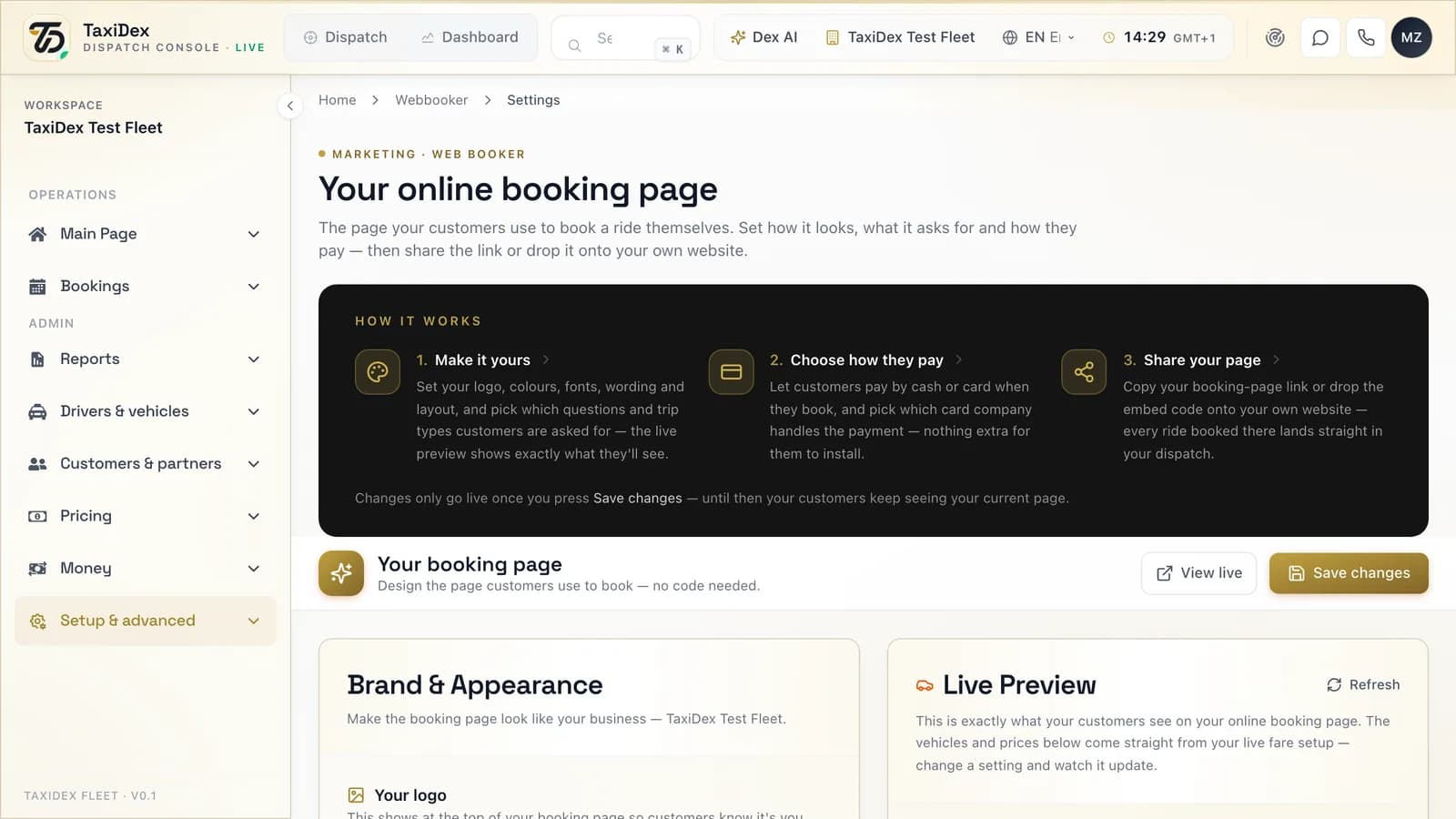 Web booker in the TaxiDex console