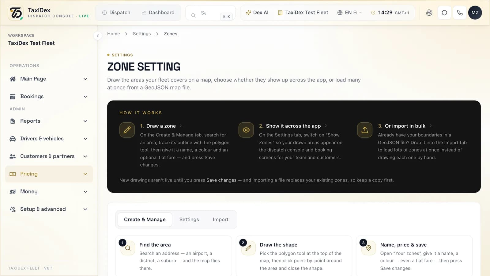 Zones in the TaxiDex console