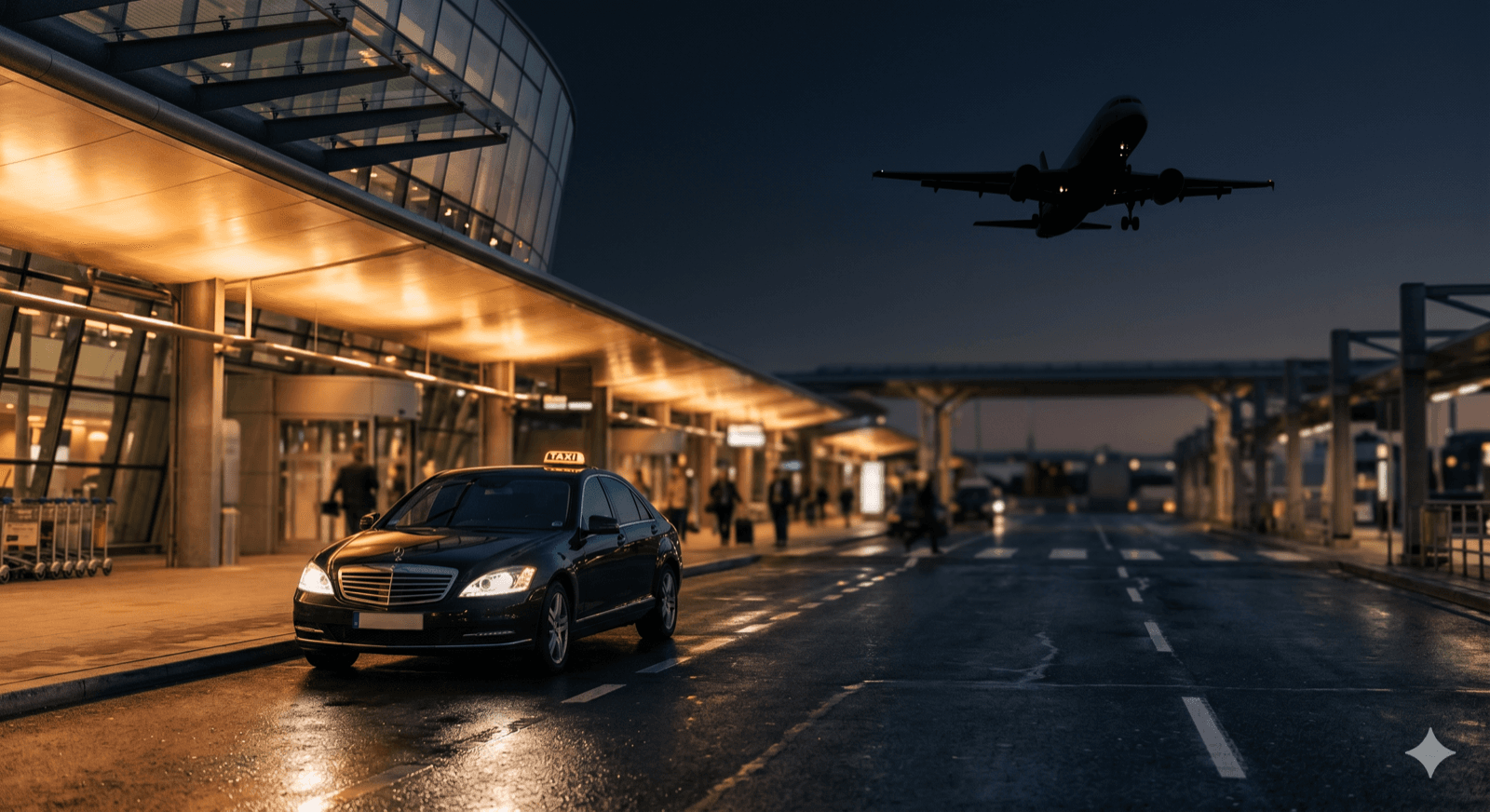 TaxiDex driver meeting an arriving passenger outside an airport terminal at dusk