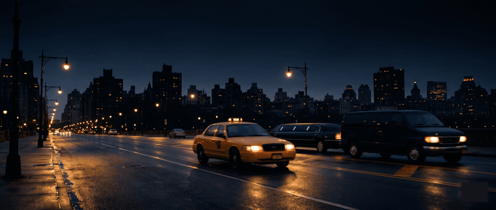 A taxi, a limousine and a shuttle van working the night shift on a city avenue