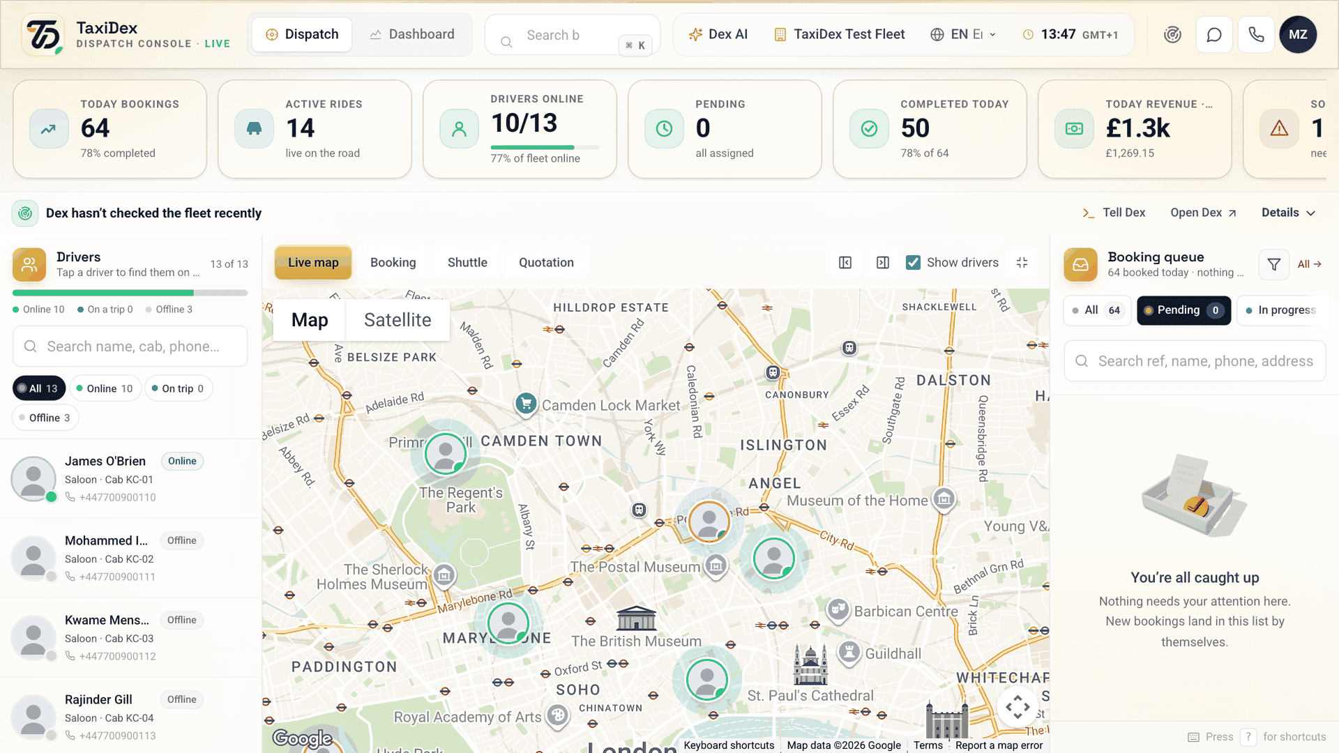 TaxiDex dispatch console — live map, driver rail and booking queue, seeded with your own fleet data
