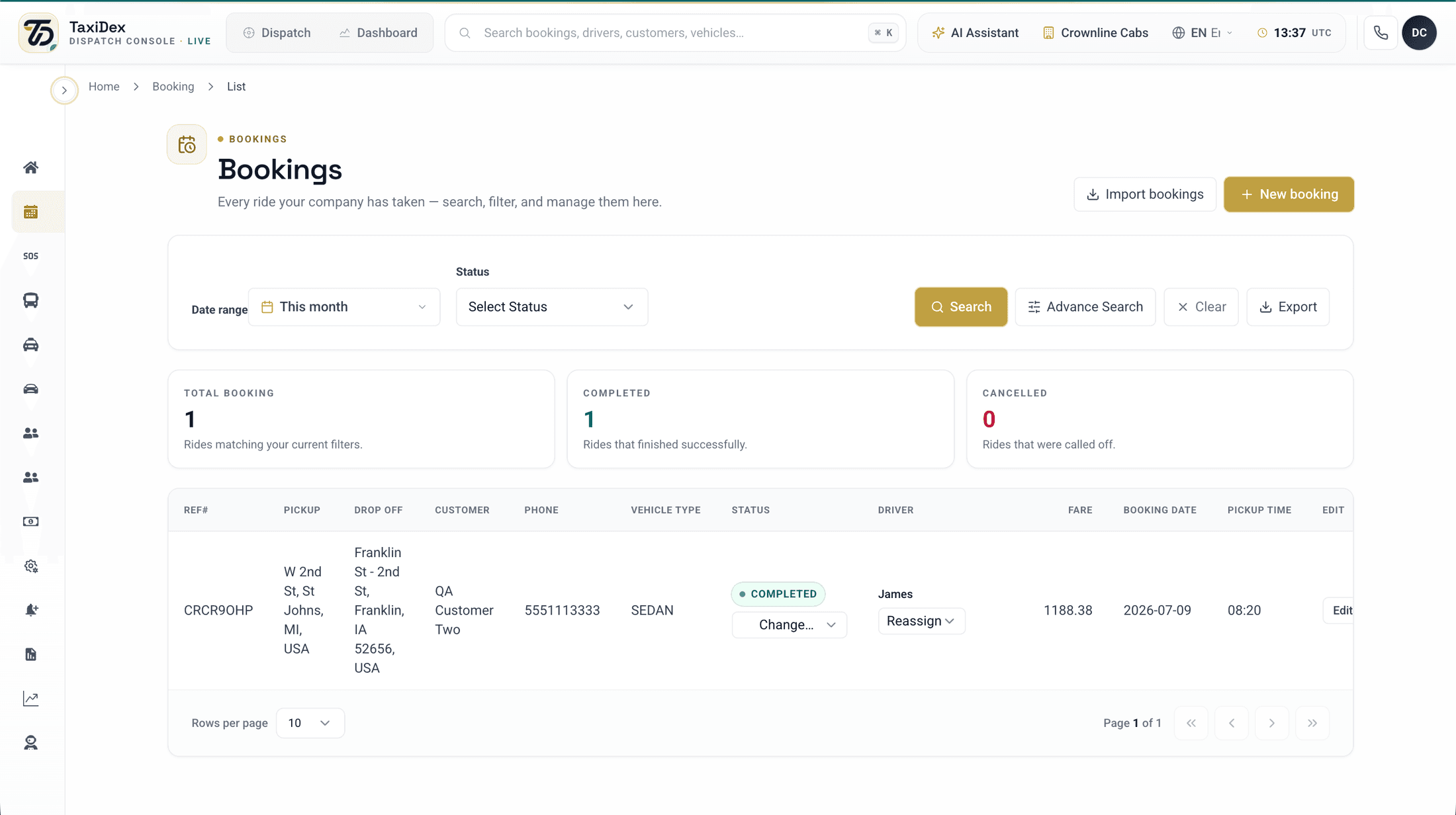 TaxiDex bookings list showing web booker, app, and phone bookings in one dispatch queue