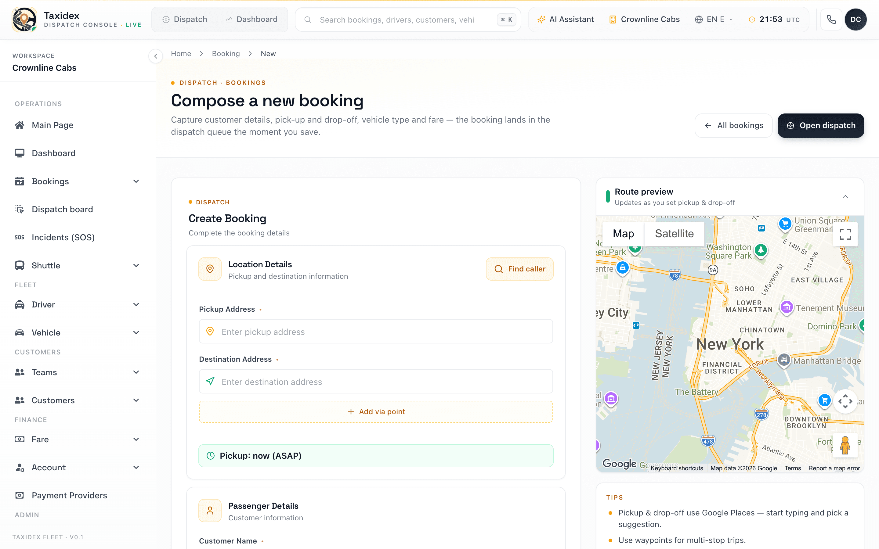TaxiDex new booking screen for scheduling an airport pickup