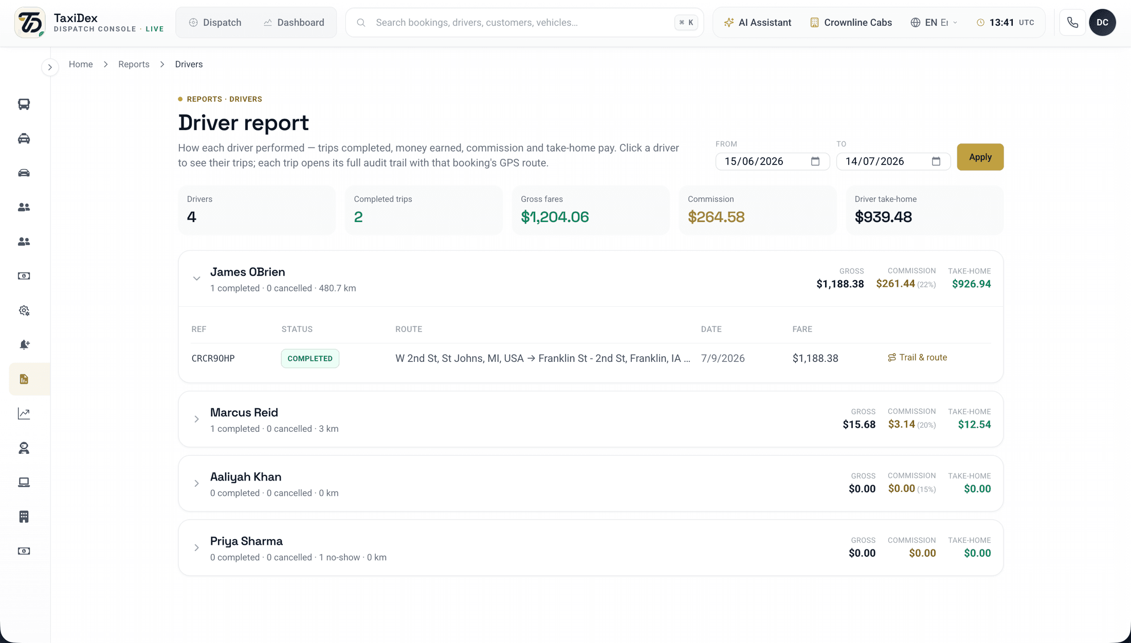 TaxiDex driver payouts screen showing instant settlements via Stripe Connect