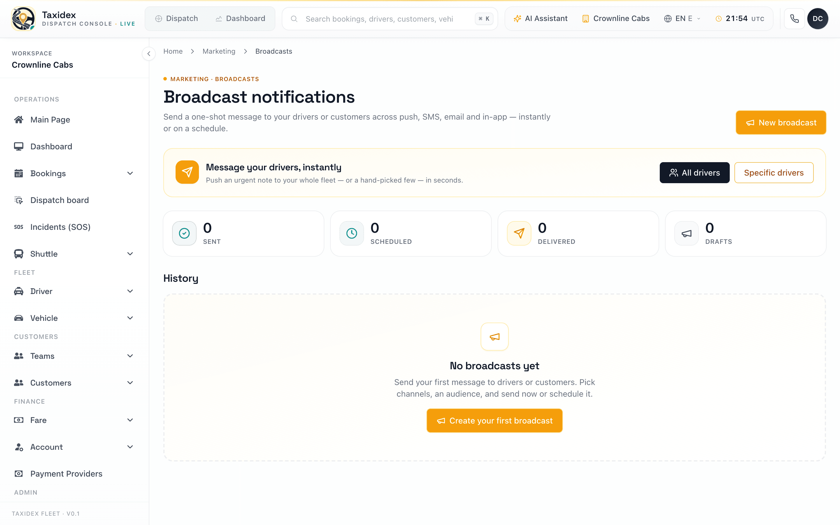 TaxiDex marketing broadcasts console for reaching customers and drivers