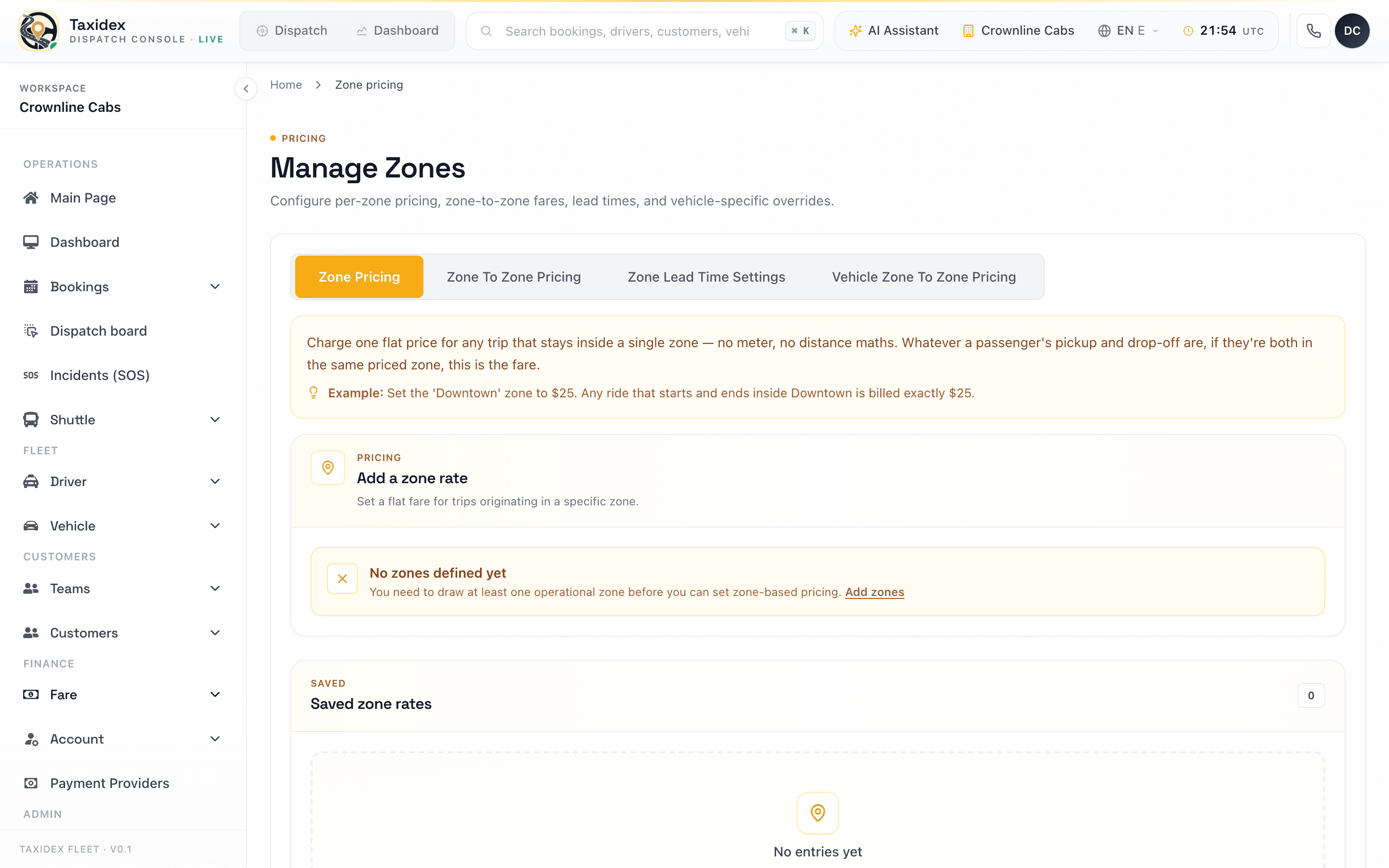 TaxiDex zone pricing screen with per-terminal fixed airport fares