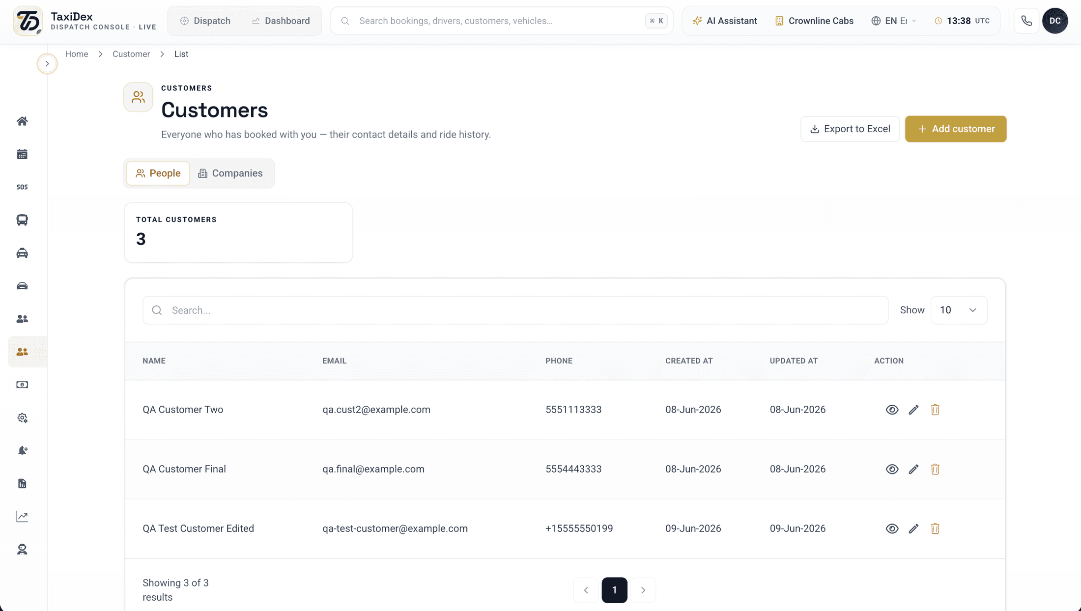 TaxiDex customer records screen used to manage student profiles and ride history