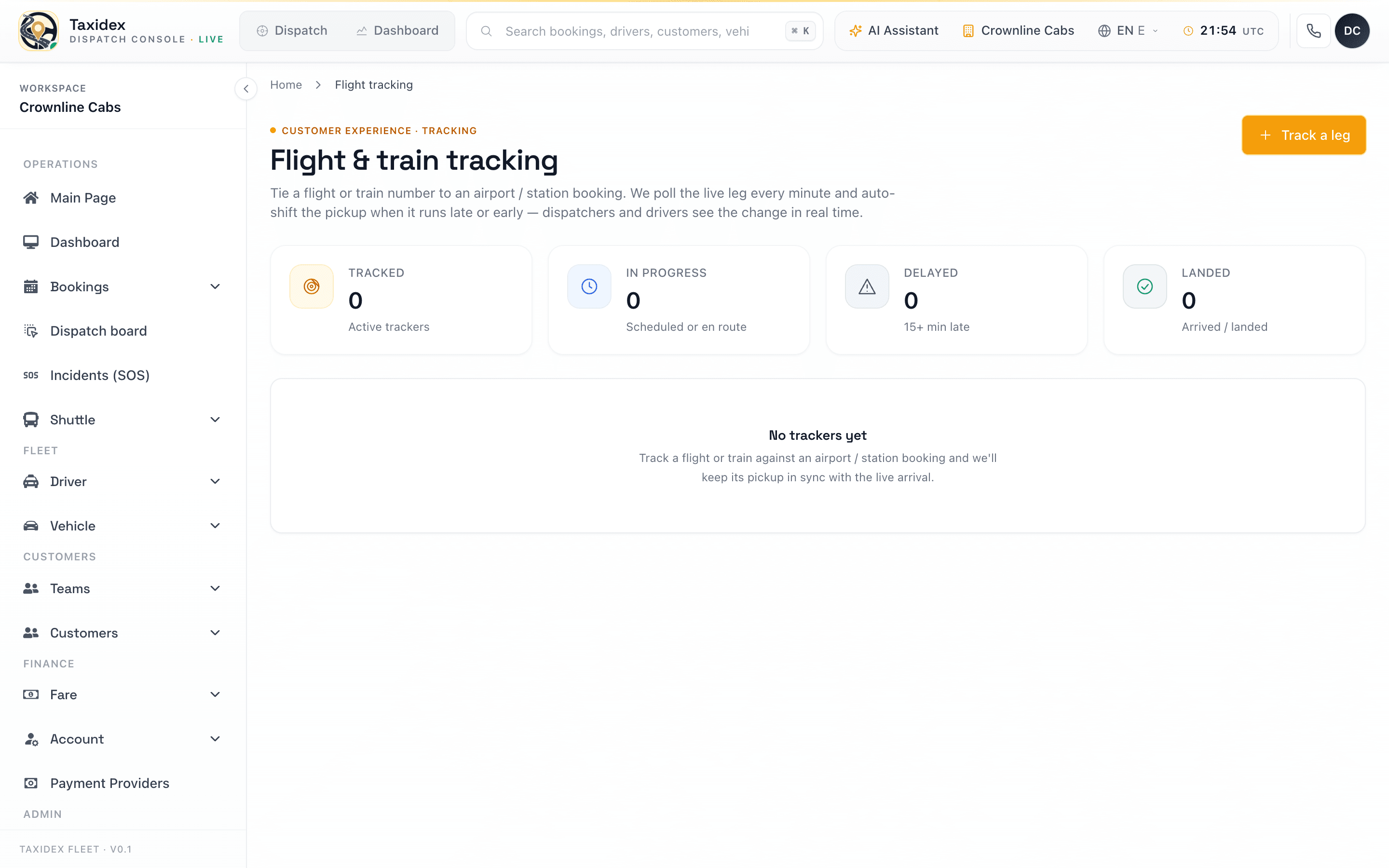 TaxiDex flight tracking screen syncing airport pickups to live flight status