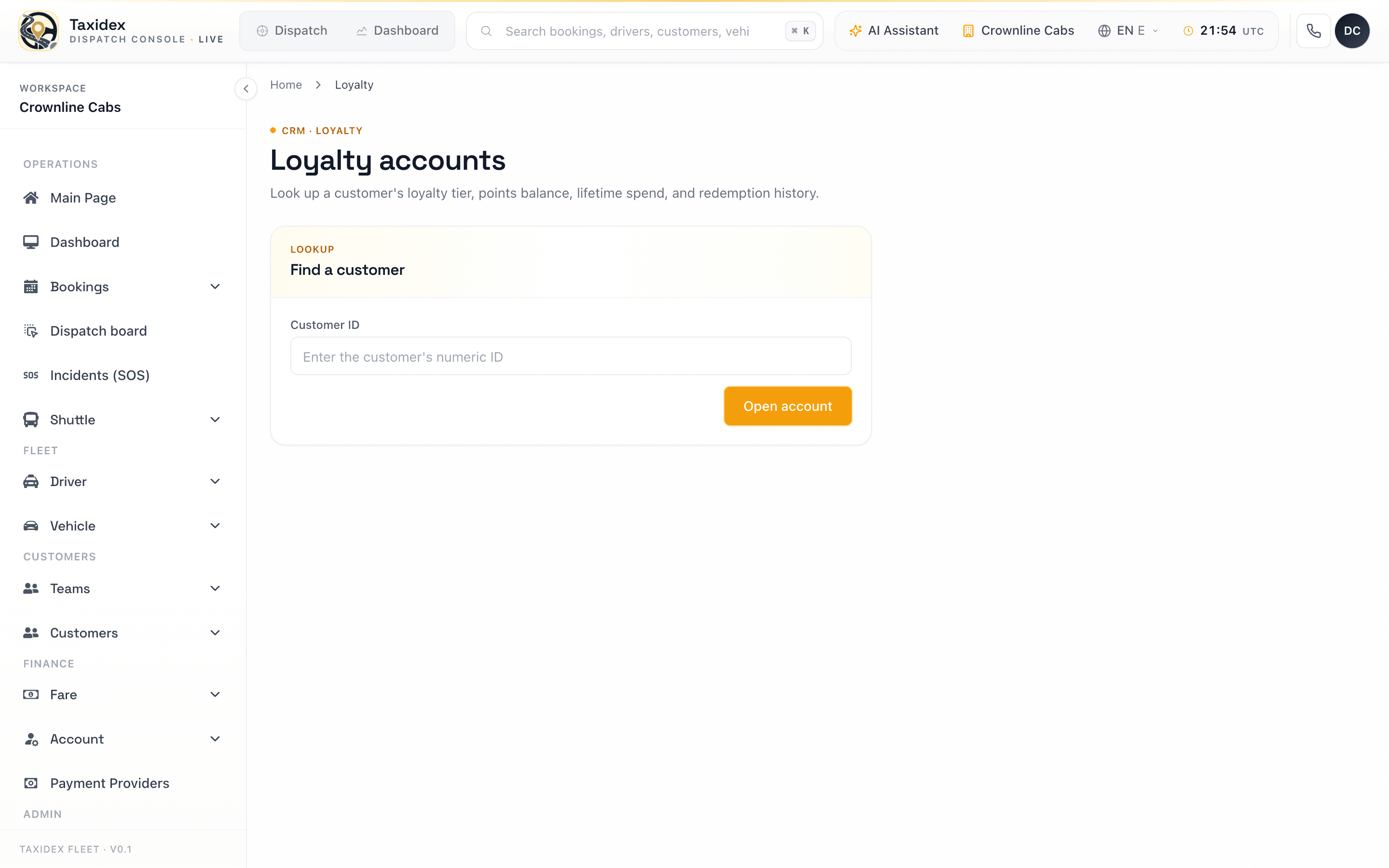TaxiDex loyalty console with points balances, tiers, and reward rules