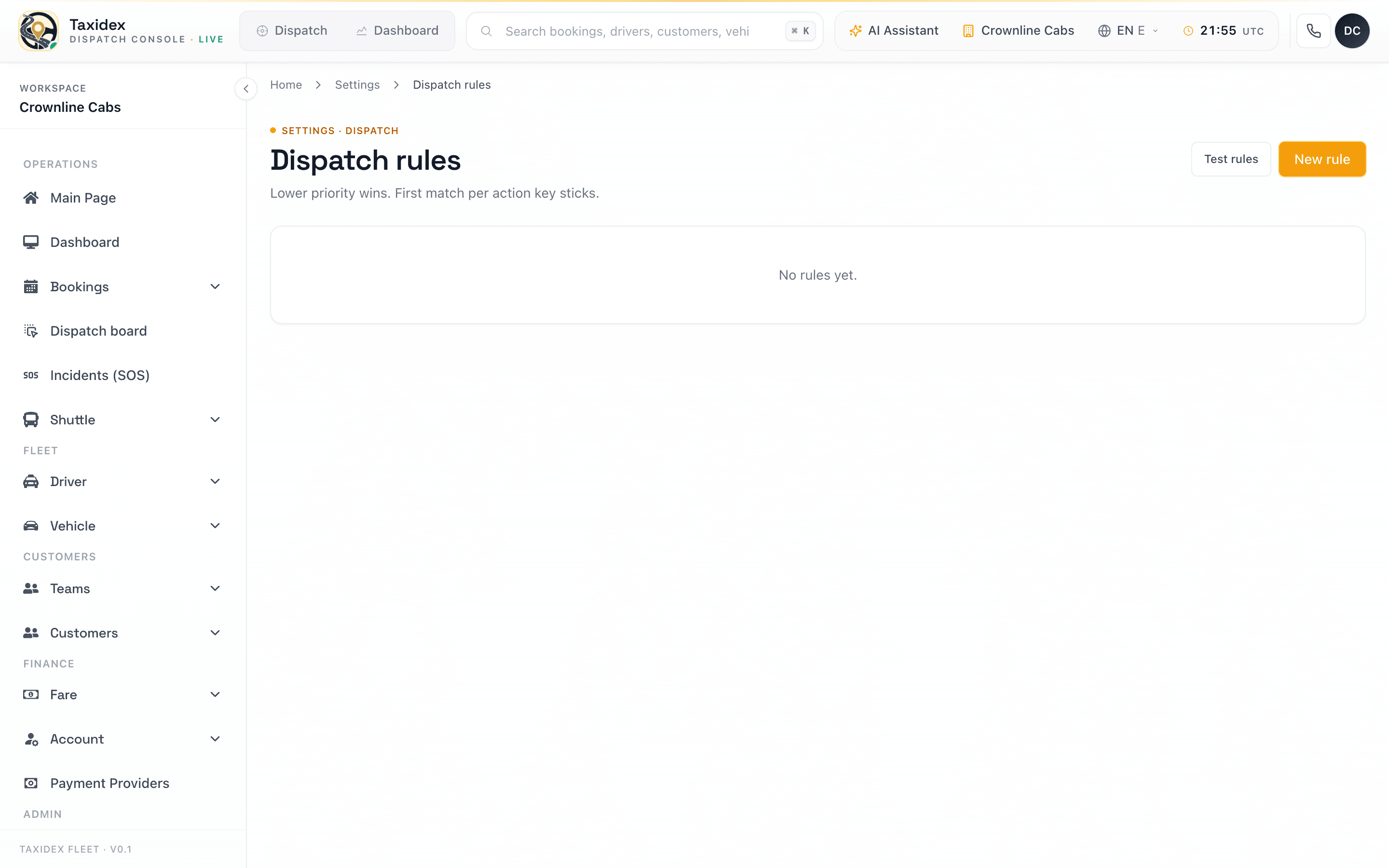 TaxiDex auto-dispatch rules engine weighing signals to assign the best driver