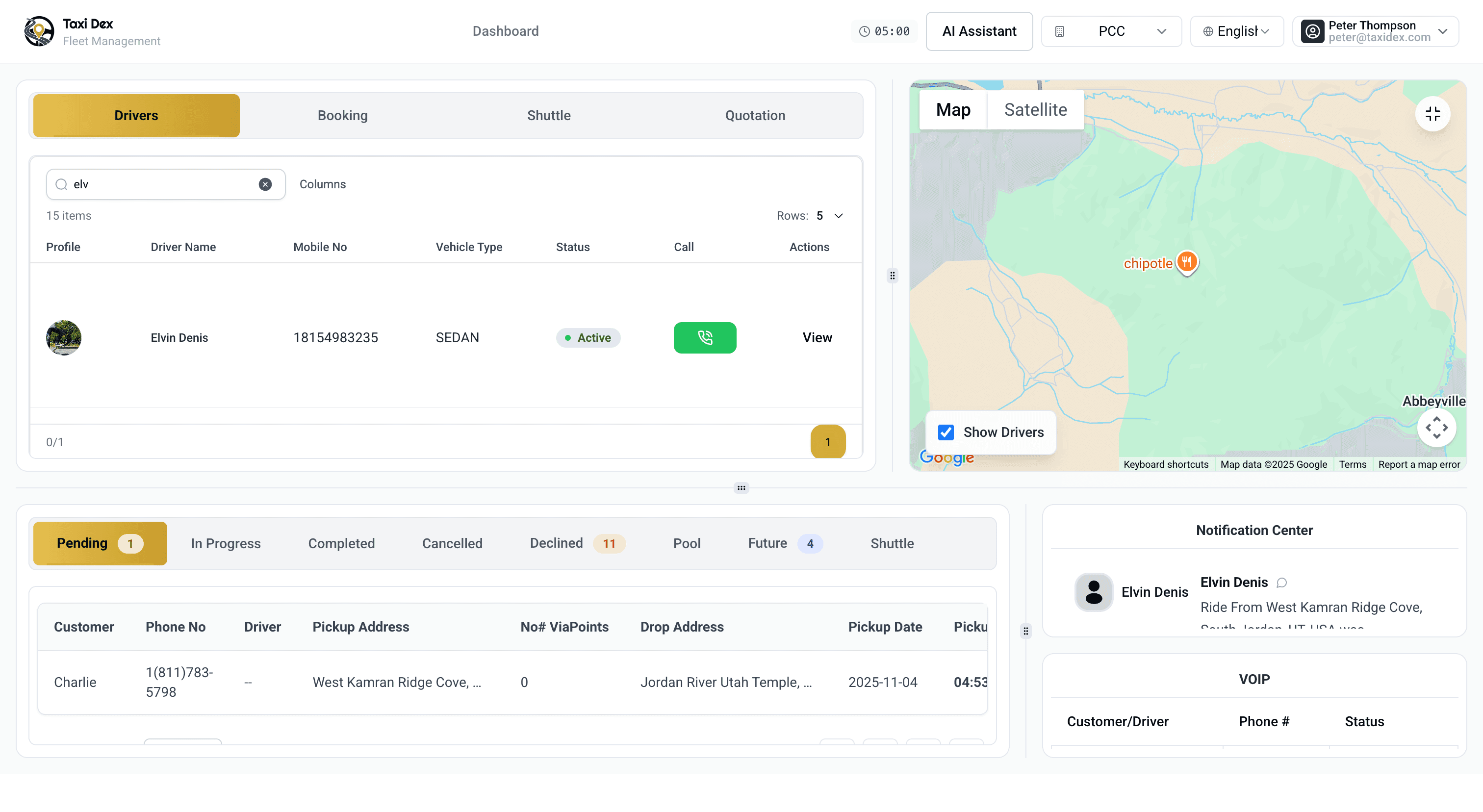 TaxiDex sandbox environment — dispatch console seeded with real fleet data