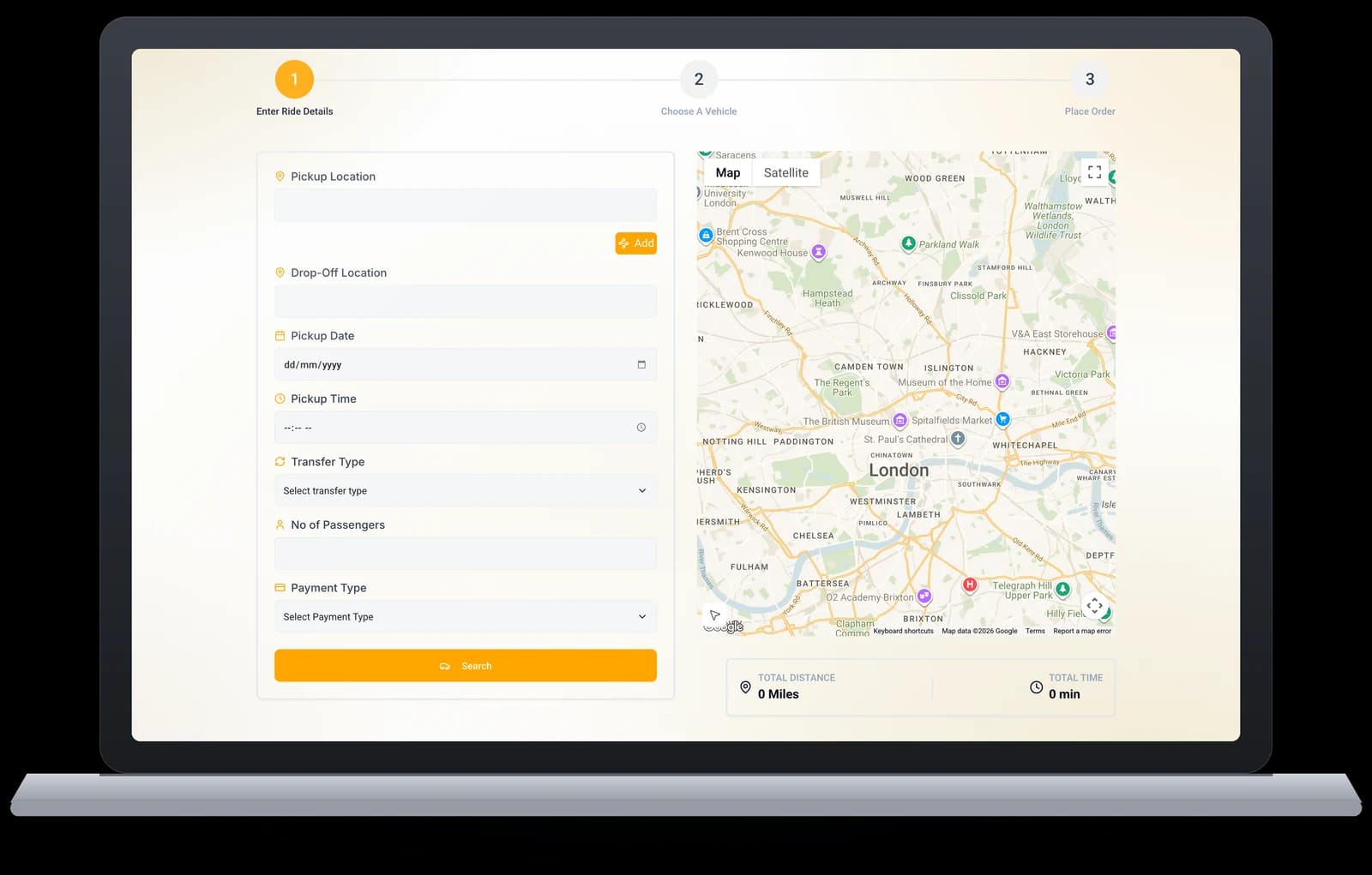 The TaxiDex web booker running in a browser — pickup and drop-off, date and time, transfer type and payment, beside a live London map of available drivers