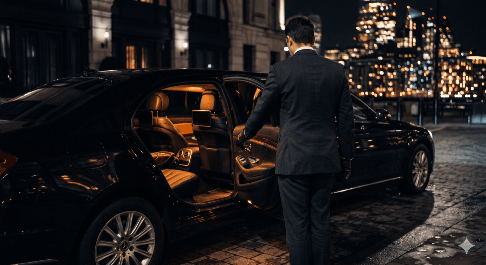 A chauffeur beside a black car, the kind of premium ground transport TaxiDex dispatches in Las Vegas