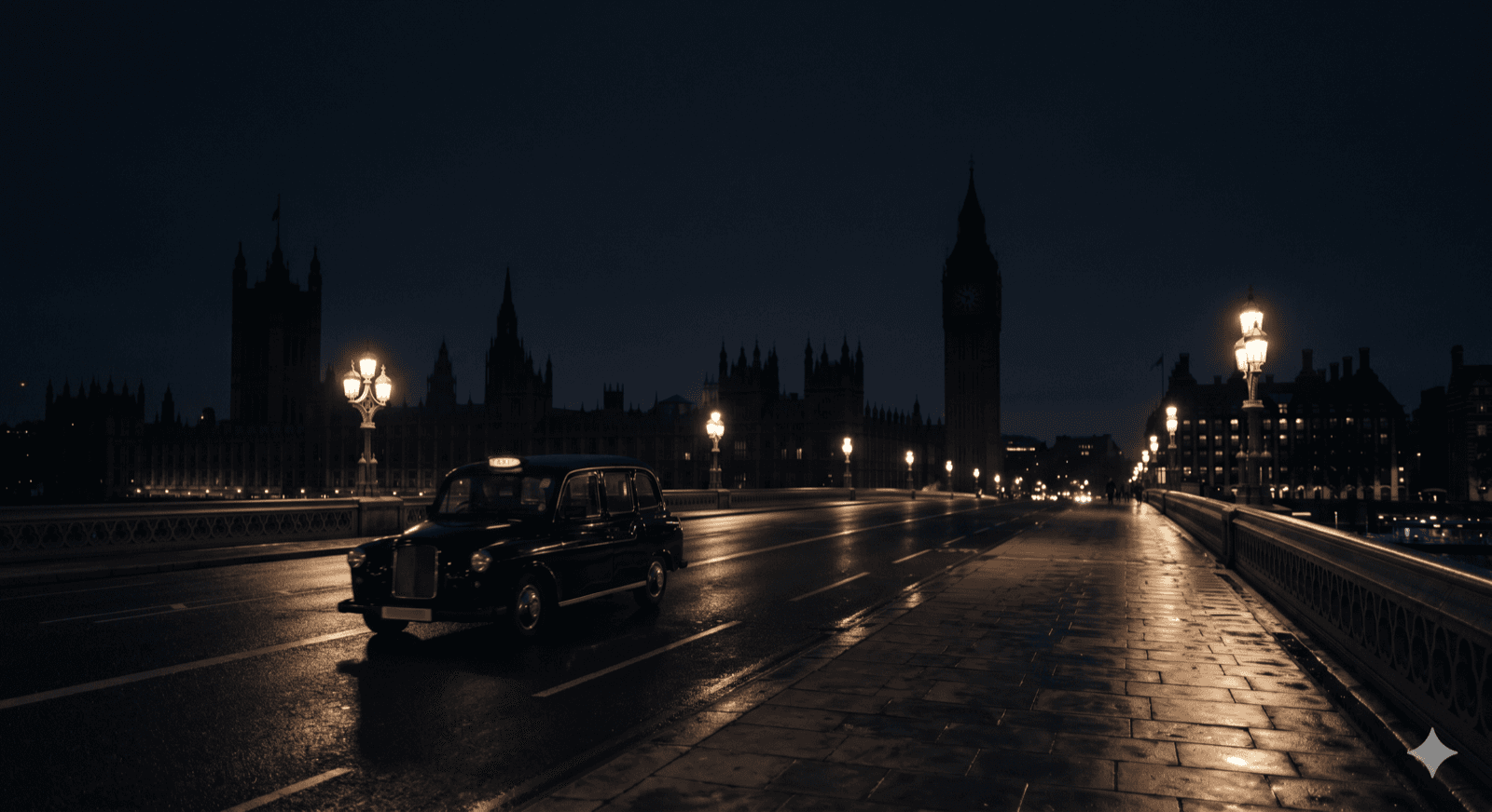 A London black cab on a rain-slicked city street at dusk