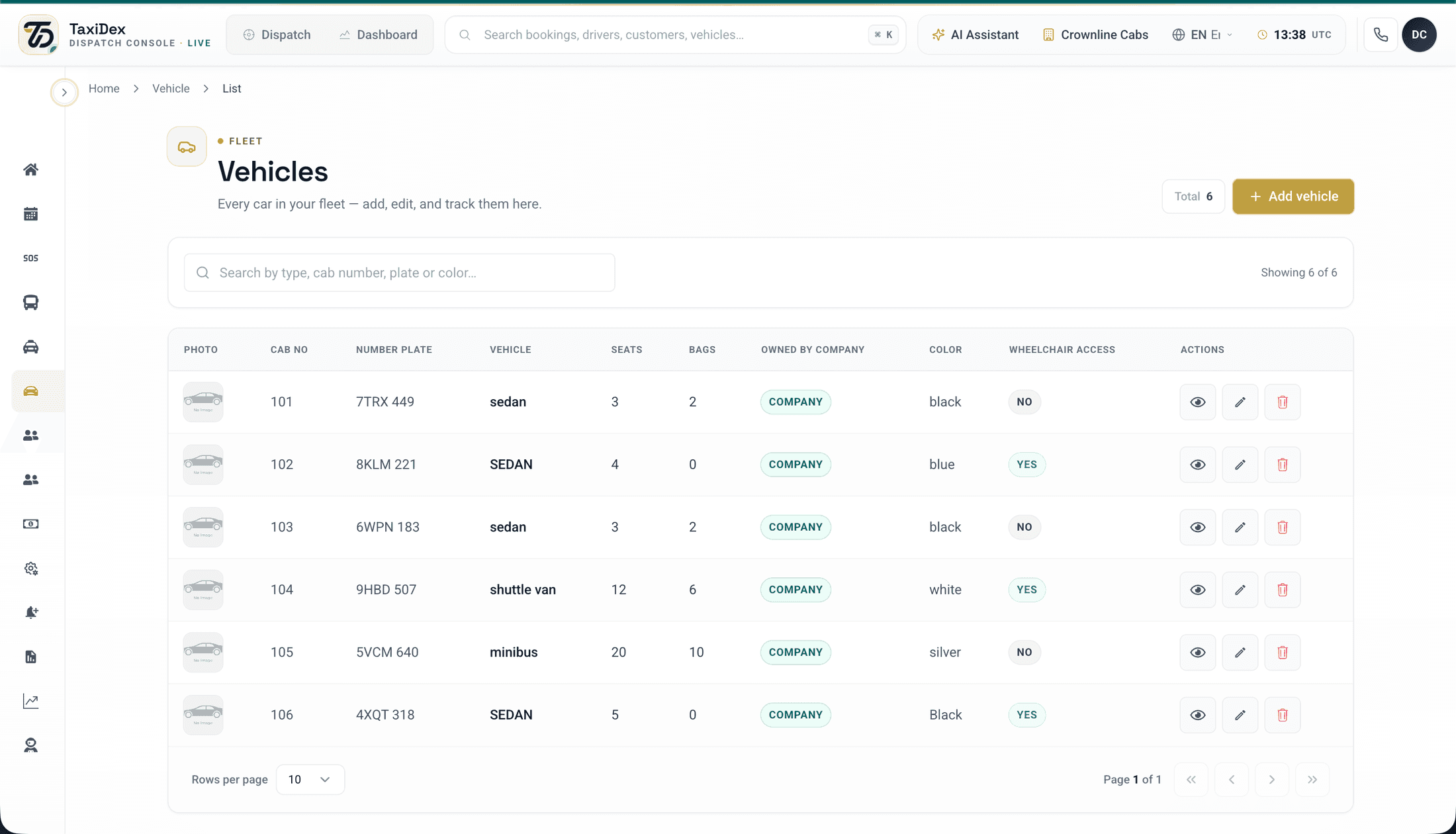 TaxiDex fleet vehicles console with vehicle types, attributes, and maintenance status