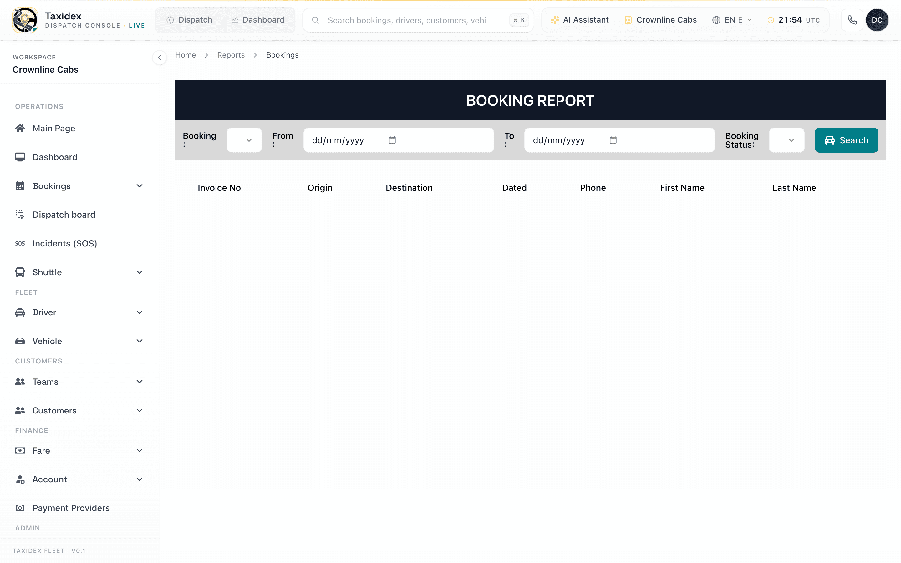 TaxiDex reports screen showing booking reports with filters and export options