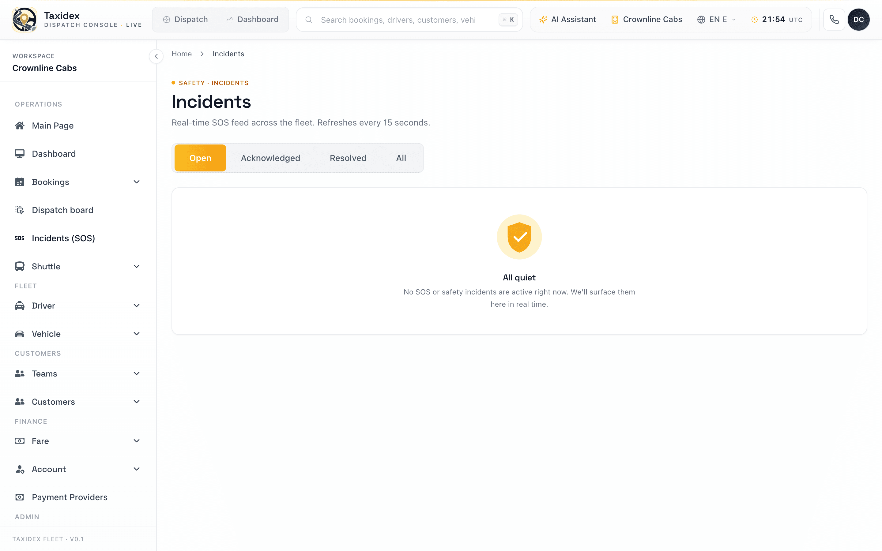 TaxiDex incidents and SOS console showing a live alert with driver location