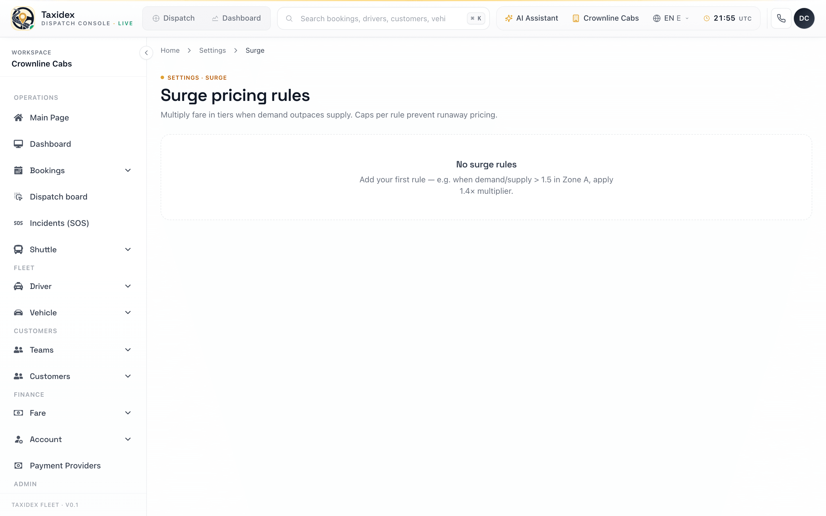 TaxiDex surge pricing console showing zone-scoped surge rules with multipliers and caps