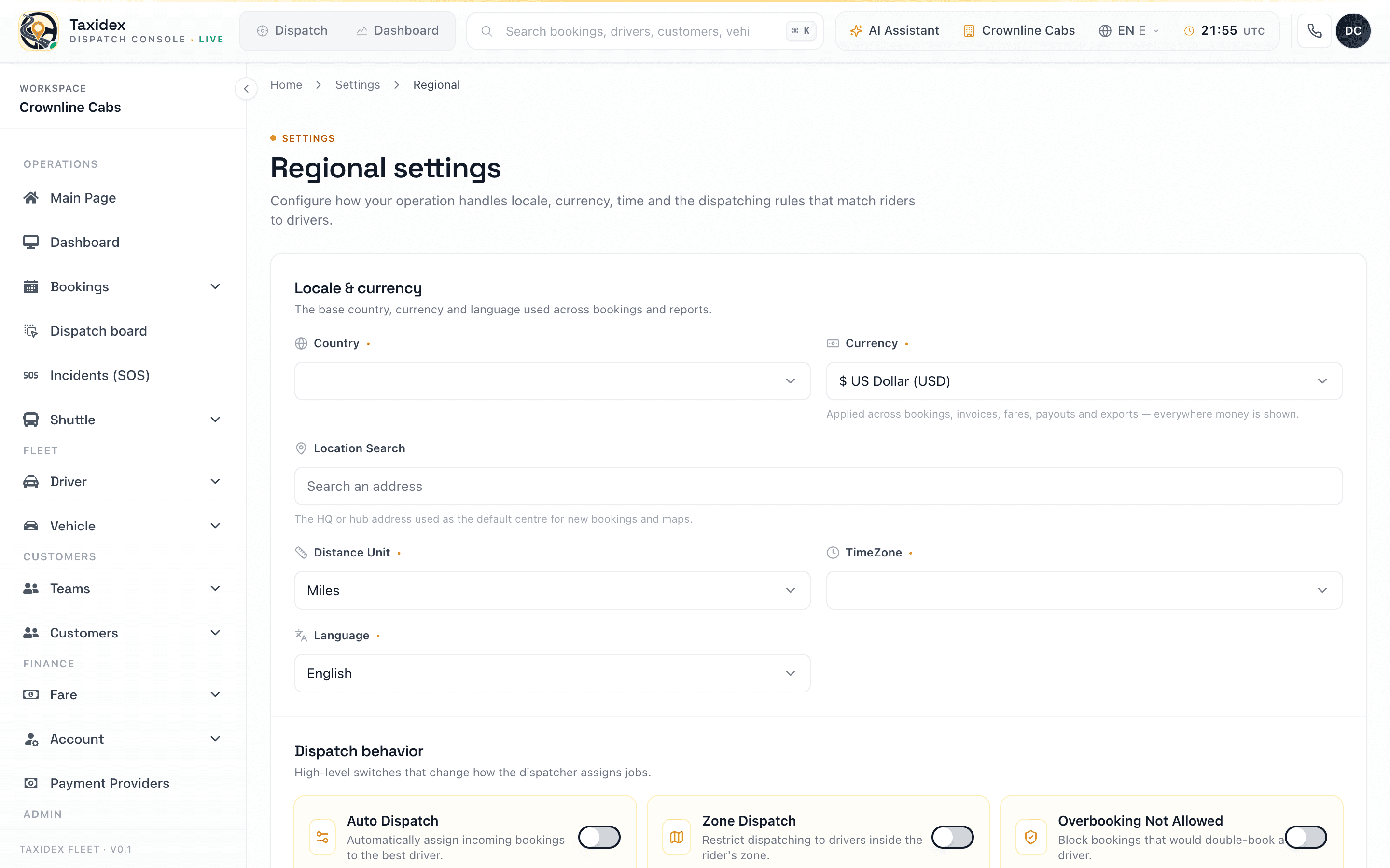 TaxiDex regional settings configured for Saudi Arabia — currency, tax and locale